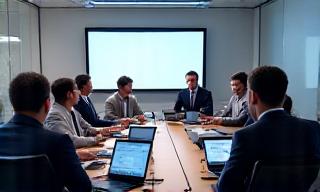 Professionals in a meeting, one presenting from a laptop.