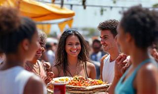 People from different cultures sharing food at an outdoor festival.