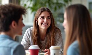 A group of students having a casual conversation in a cafe setting.