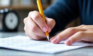 A student focused on a test paper with a pencil and clock in the background.